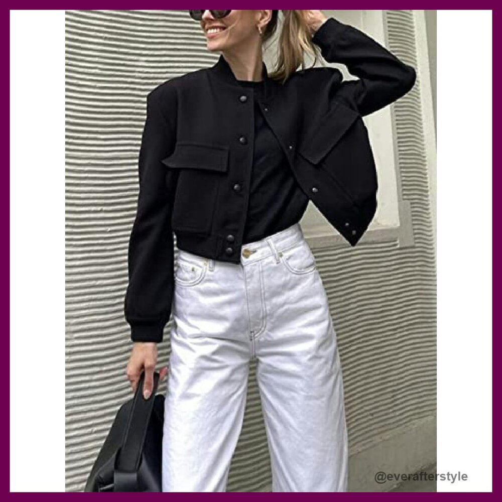 Cropped Bomber Jacket Lightweight Button Down Var… - image 3